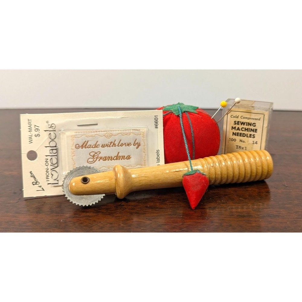 Vintage Sewing Lot Tomato Pin Cushion Tracing Wheel Needles Love Labels USA